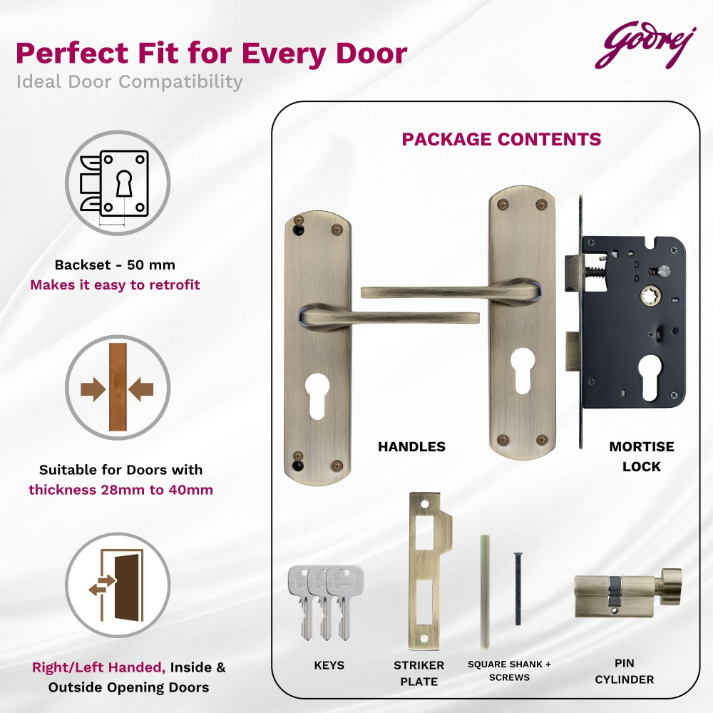 Godrej Mortise Lock I Handle Set 1CK EM02 I 6-Lever Lock I 3 Keys I Double Throw I 5